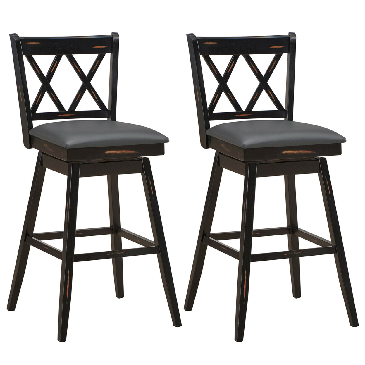 Set Of 2 Barstools Swivel Bar Height Chairs With Rubber Wood Legs - Black