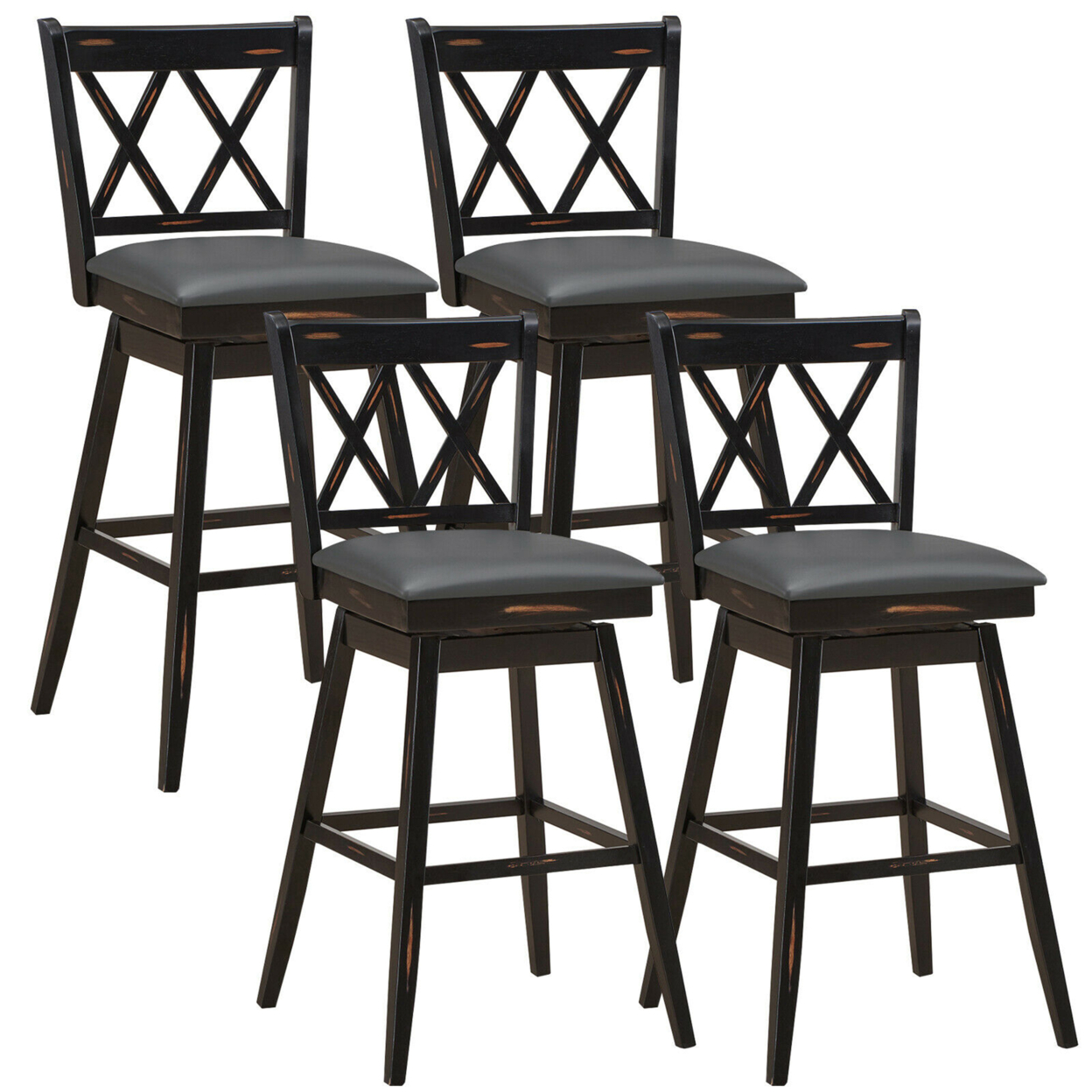 Set Of 4 Barstools Swivel Bar Height Chairs With Rubber Wood Legs - Black