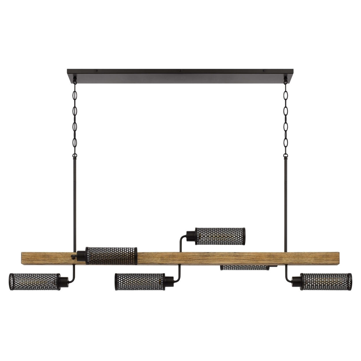 Island Chandelier With 6 Mesh Metal Shades And Wooden Support, Black- Saltoro Sherpi
