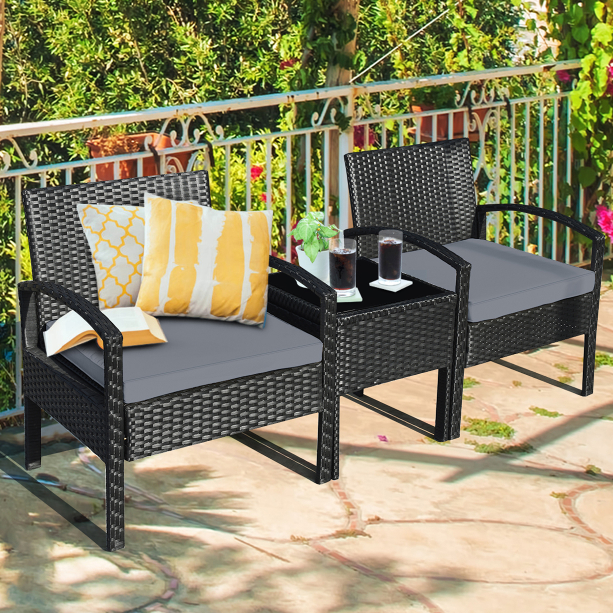 3PCS Patio Rattan Conversation Furniture Set Outdoor Yard W/ Grey Cushions