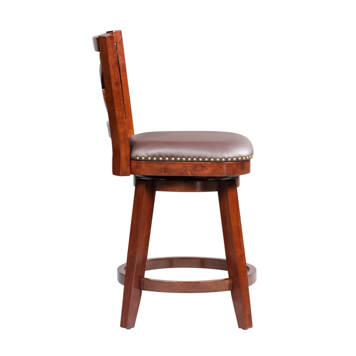 Swivel Counter Stool With Curved Padded Back And Nailhead Trim, Cherry Brown- Saltoro Sherpi