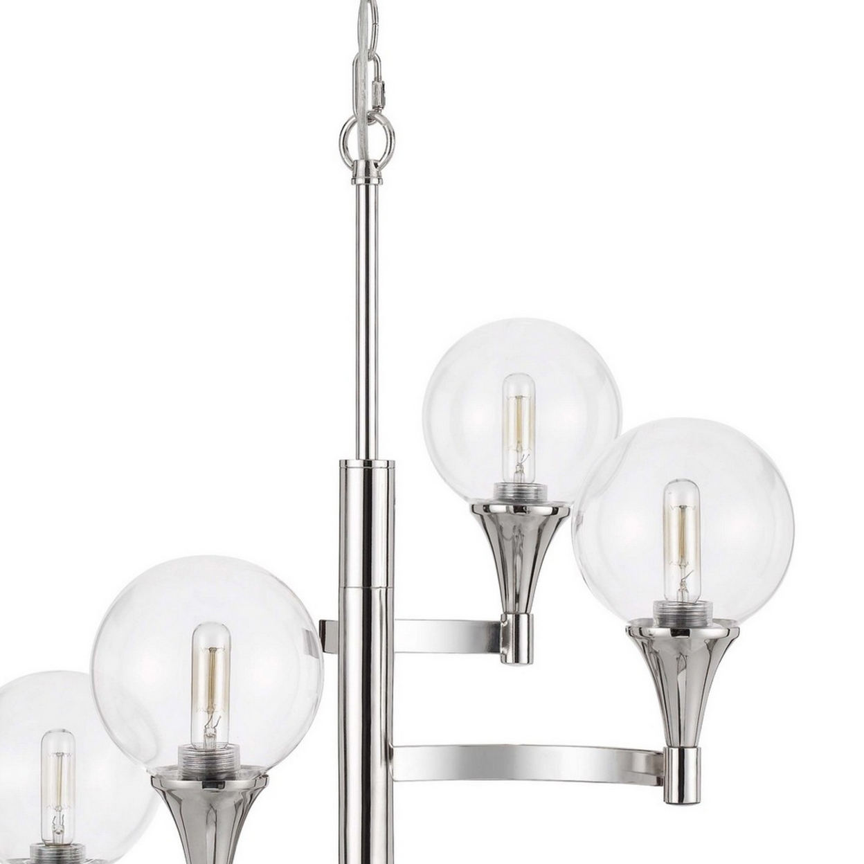 Chandelier With 4 Globe Glass Shades And Cone Design Holders, Chrome- Saltoro Sherpi