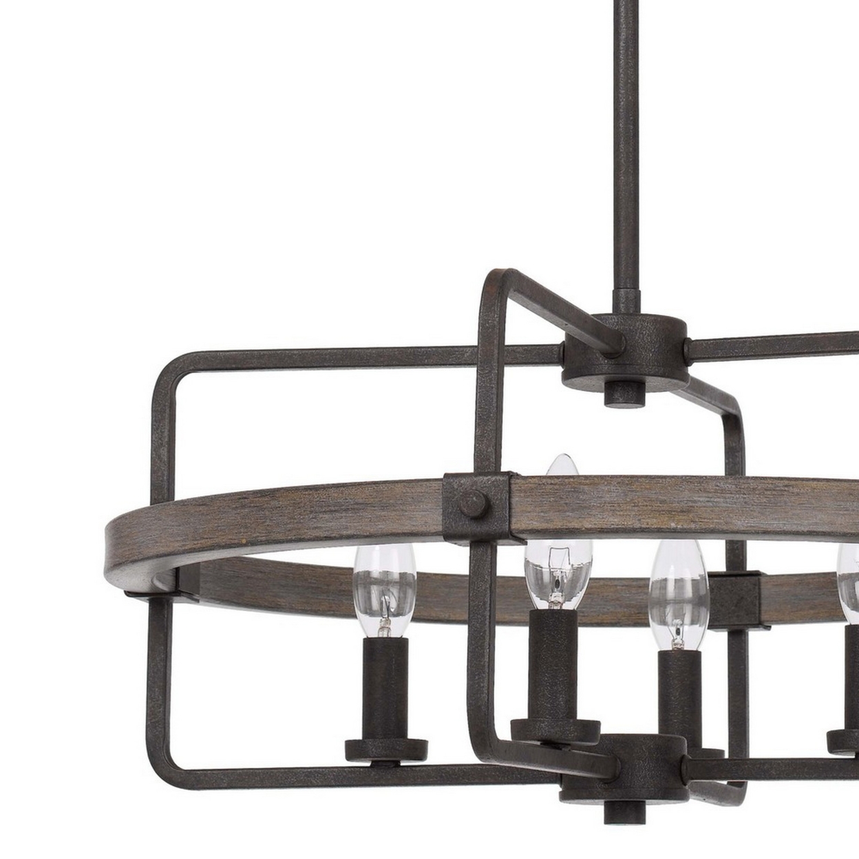Chandelier With Round Wooden Frame And Metal Support, Gray And Black- Saltoro Sherpi