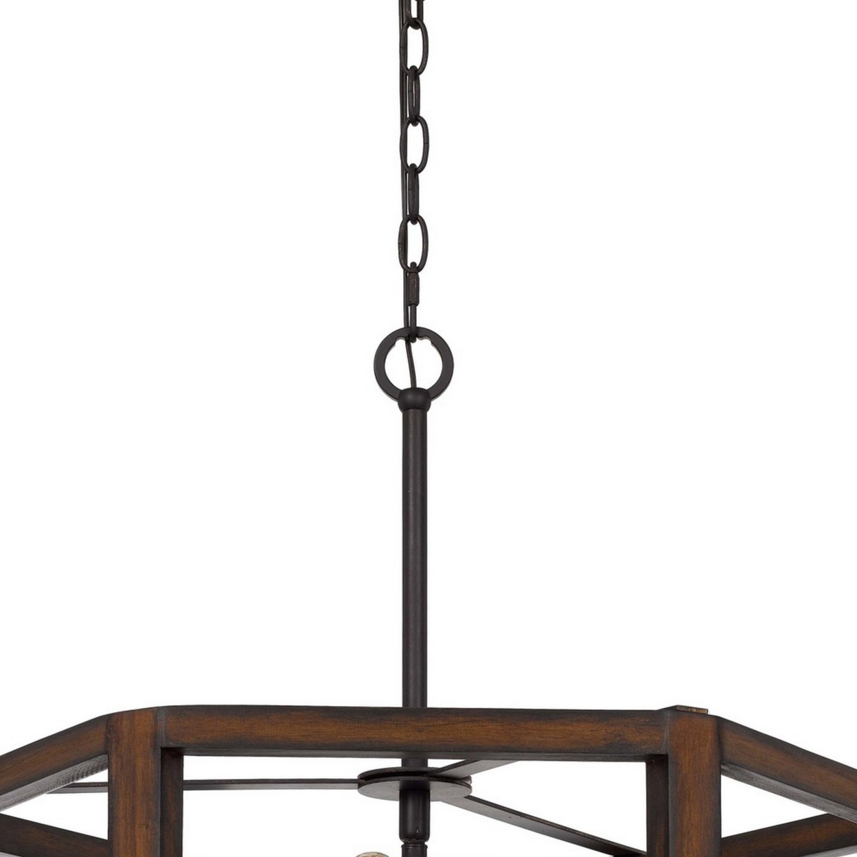 Chandelier With Hexagonal Open Wooden Frame And Hanging Chain, Brown- Saltoro Sherpi