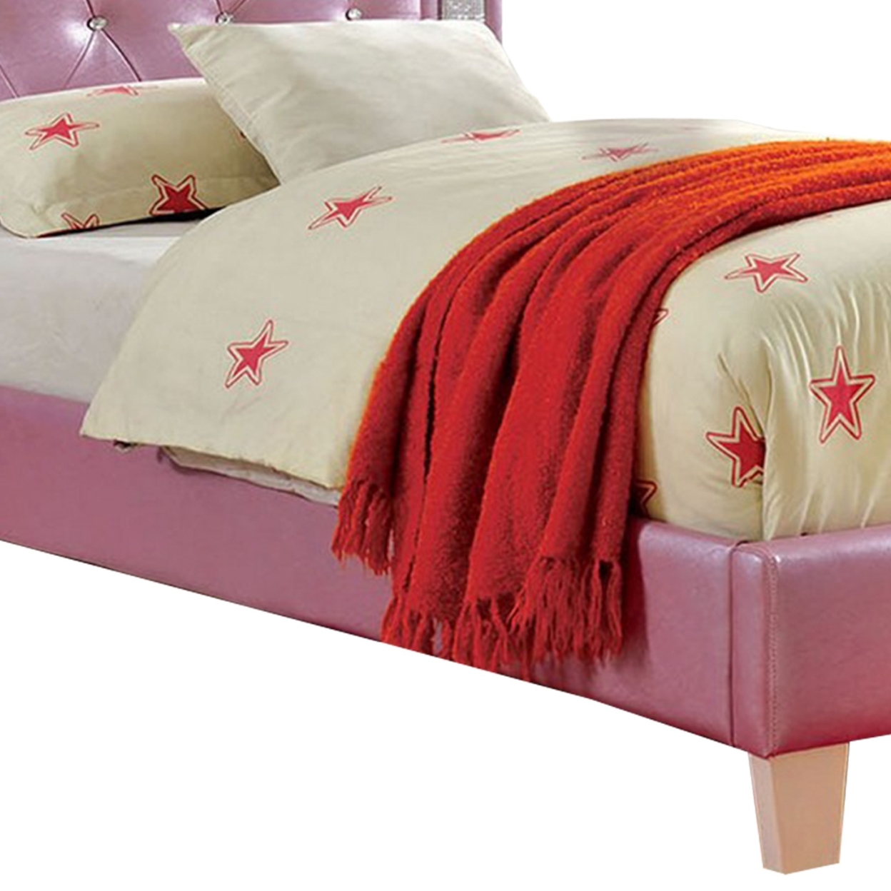Twin Bed With Leatherette Upholstery And Crystal Button Tufting, Pink- Saltoro Sherpi