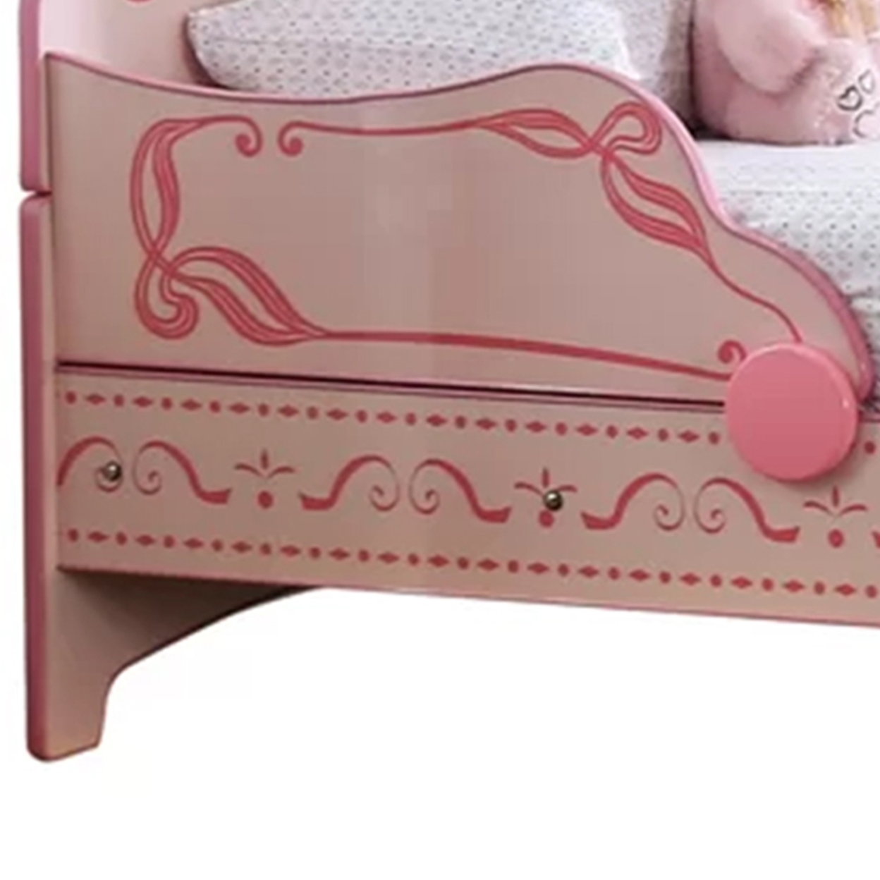 Twin Bed With MDF Scalloped And Scroll Motif Design, Pink- Saltoro Sherpi