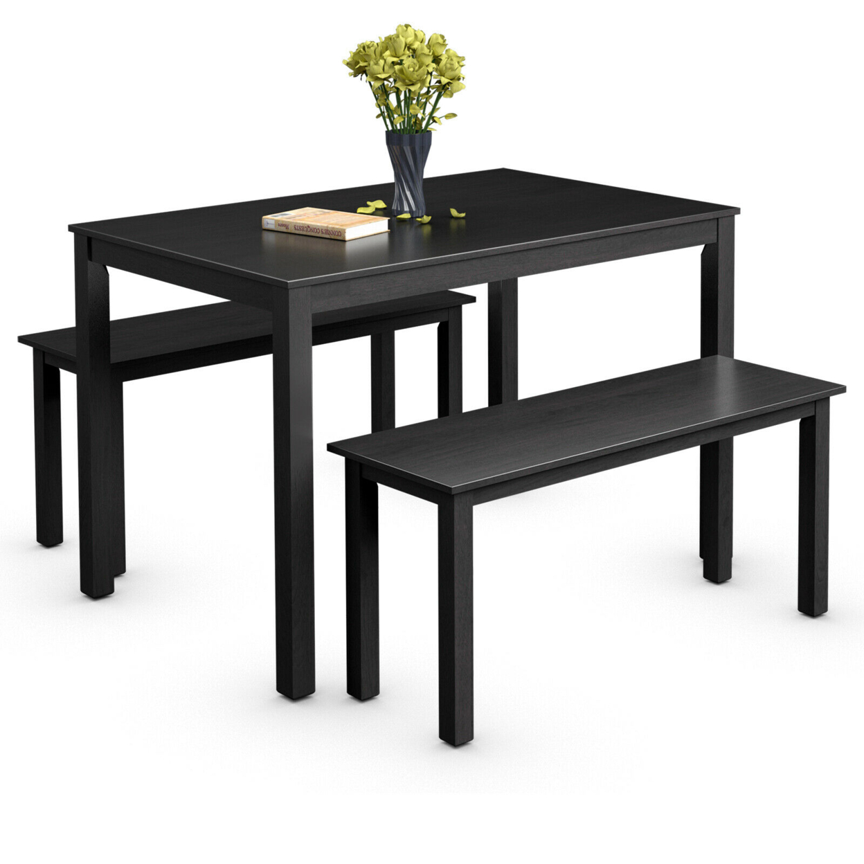 3pcs Dining Set Modern Studio Collection Table With 2 Benches Wood Legs Black