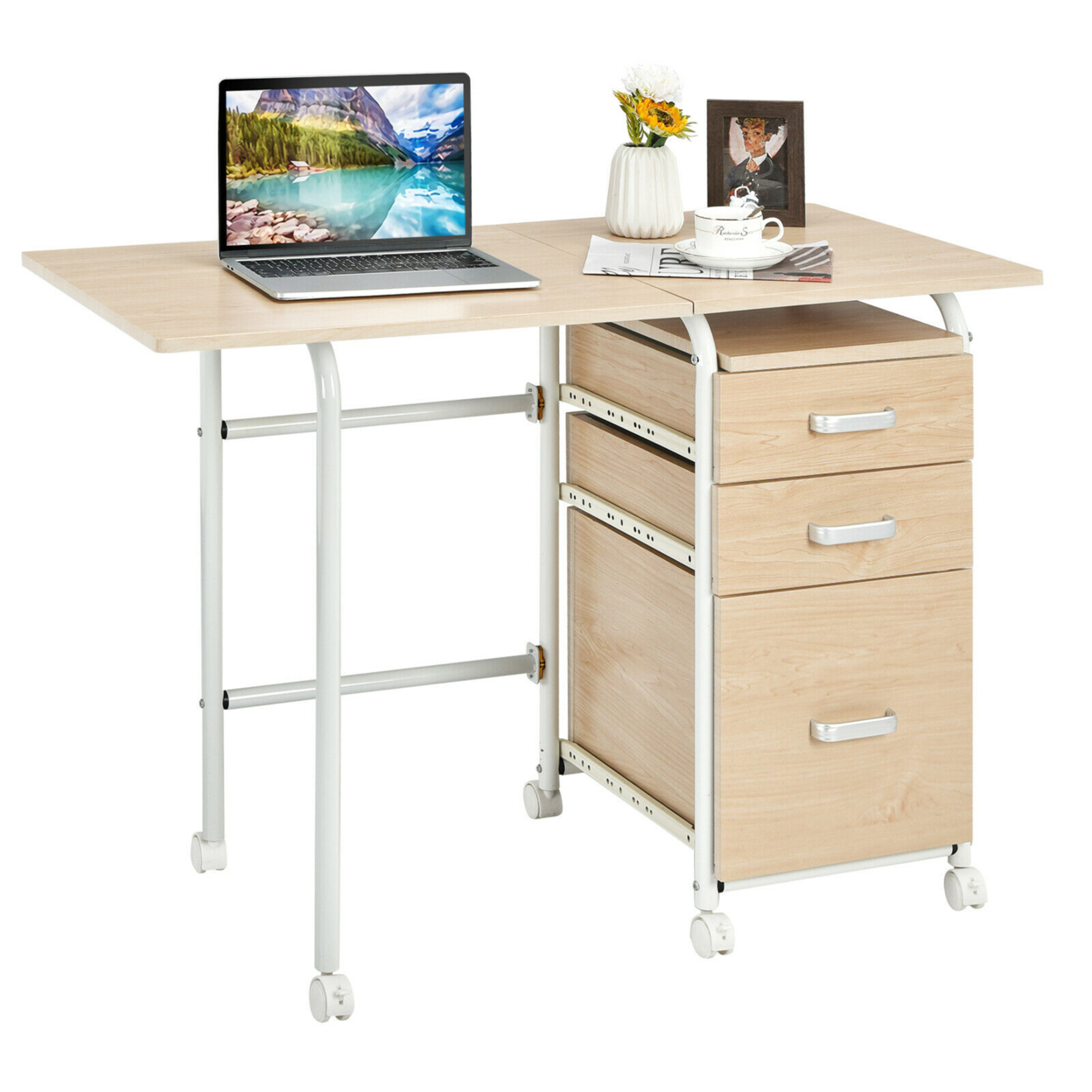 Folding Computer Laptop Desk Wheeled Home Office Furniture With 3 Drawers