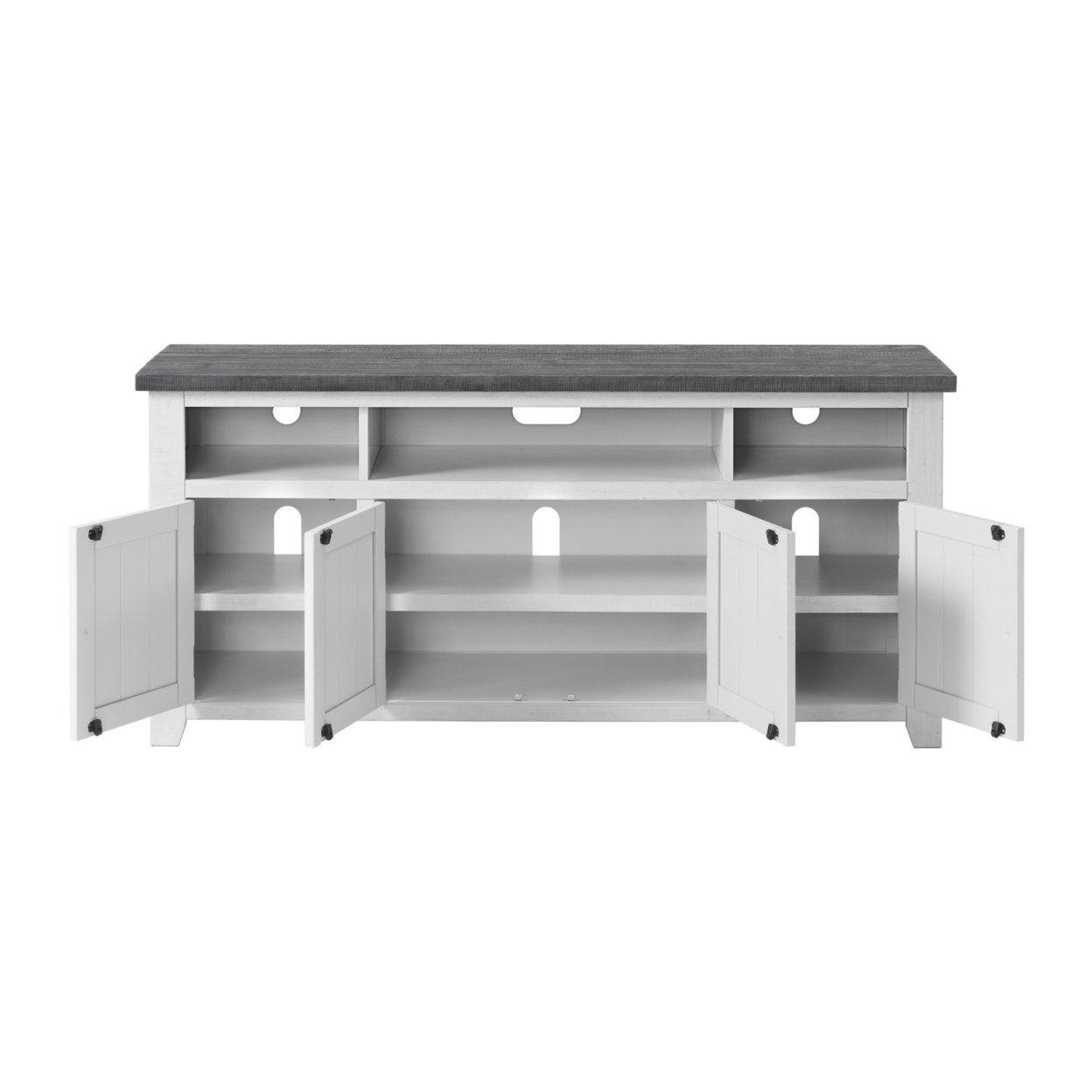 TV Stand With 3 Cabinets And 3 Cubbies, White And Gray- Saltoro Sherpi