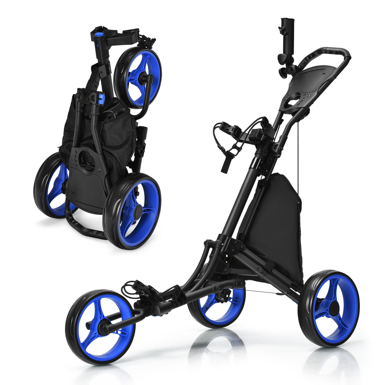 3-Wheel Foldable Golf Push Pull Cart Trolley W/ Adjustable Handle - Grey