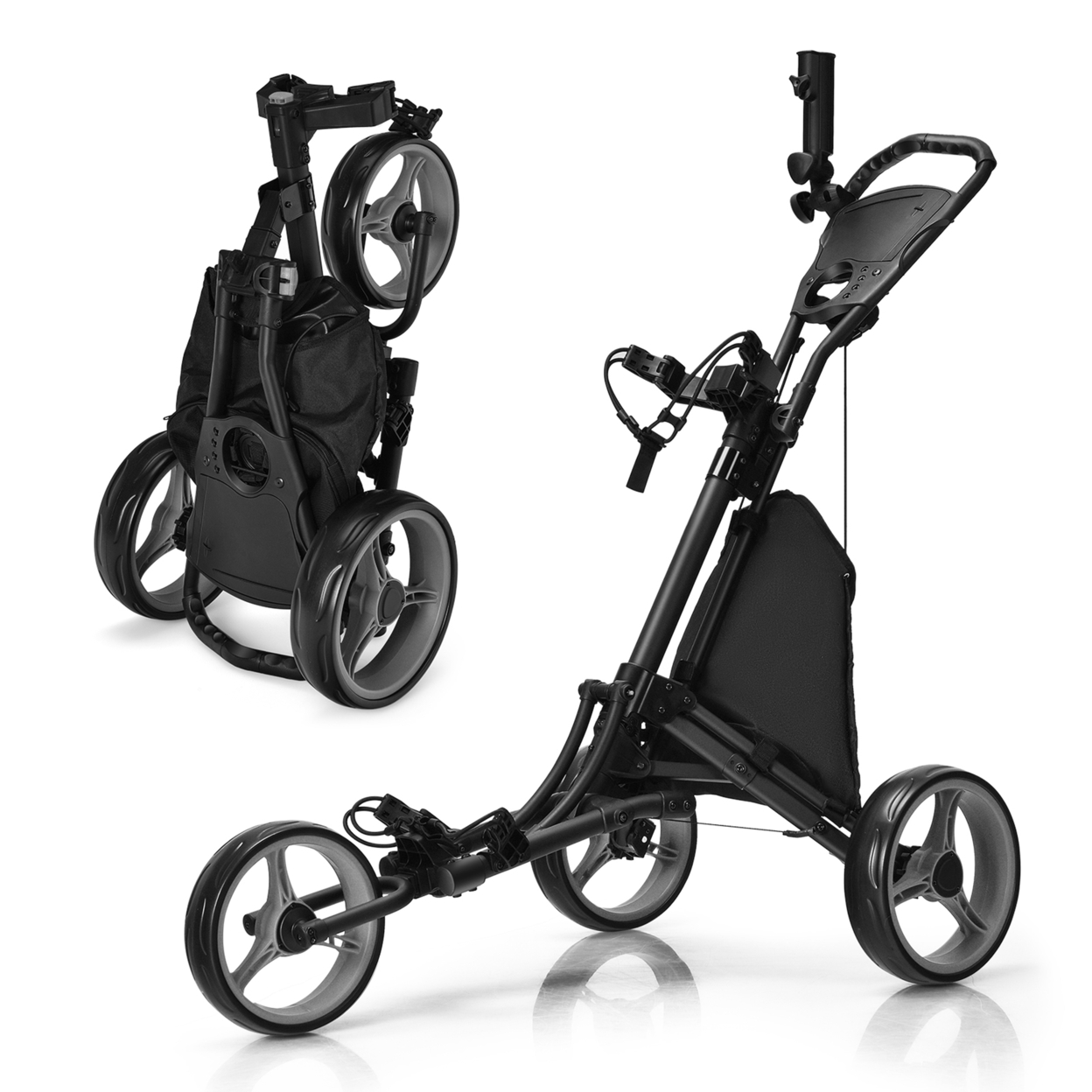 3-Wheel Foldable Golf Push Pull Cart Trolley W/ Adjustable Handle - Red