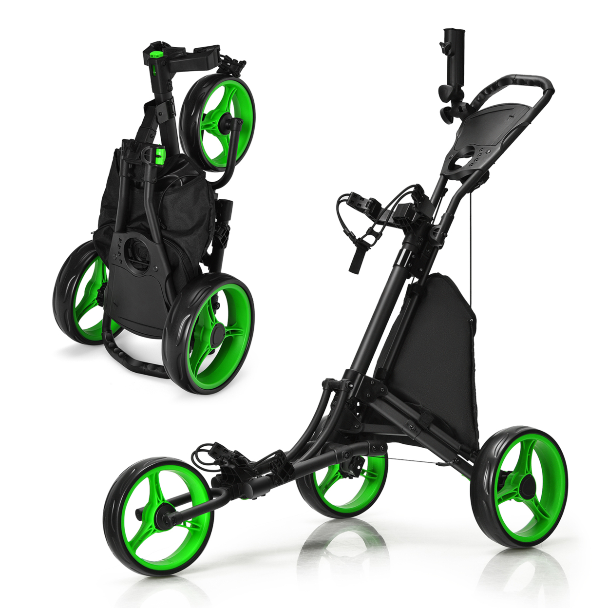3-Wheel Foldable Golf Push Pull Cart Trolley W/ Adjustable Handle - Green