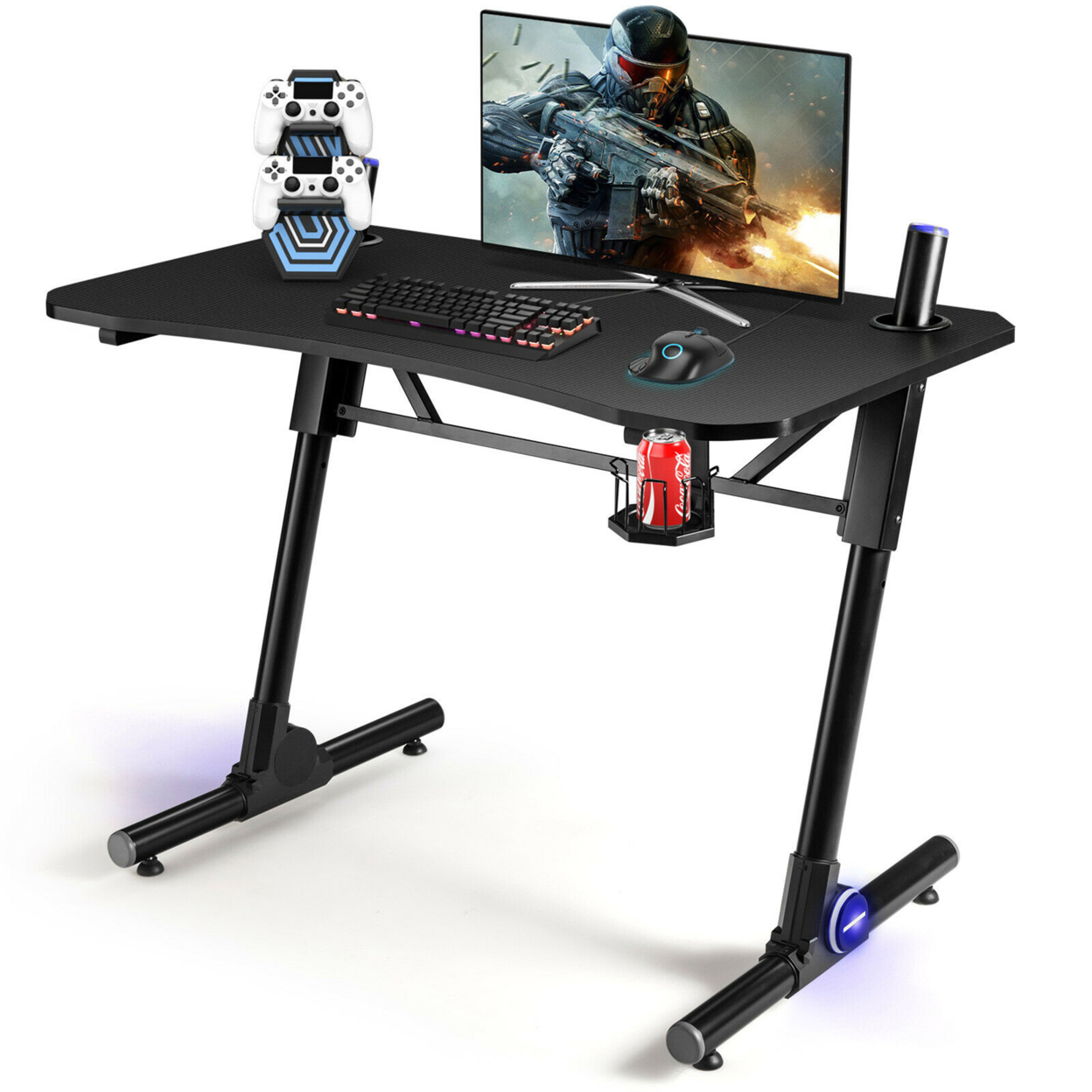Gaming Computer Desk Height Adjustable W/ LED Light & Gaming Handle Rack