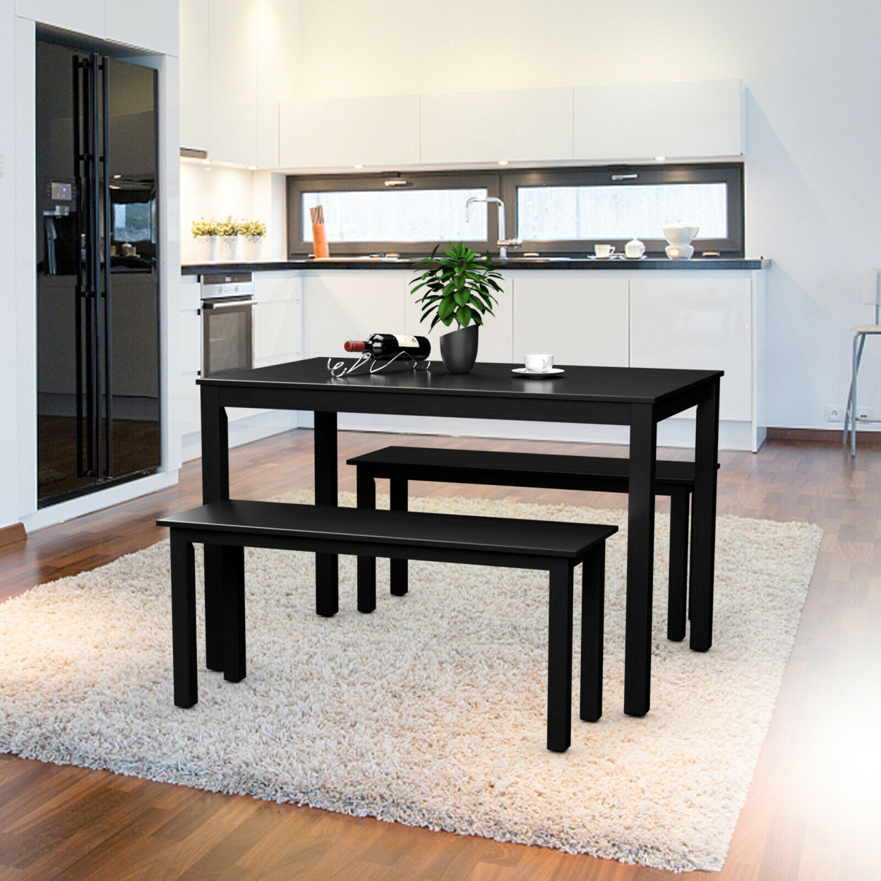 3pcs Dining Set Modern Studio Collection Table With 2 Benches Wood Legs Black