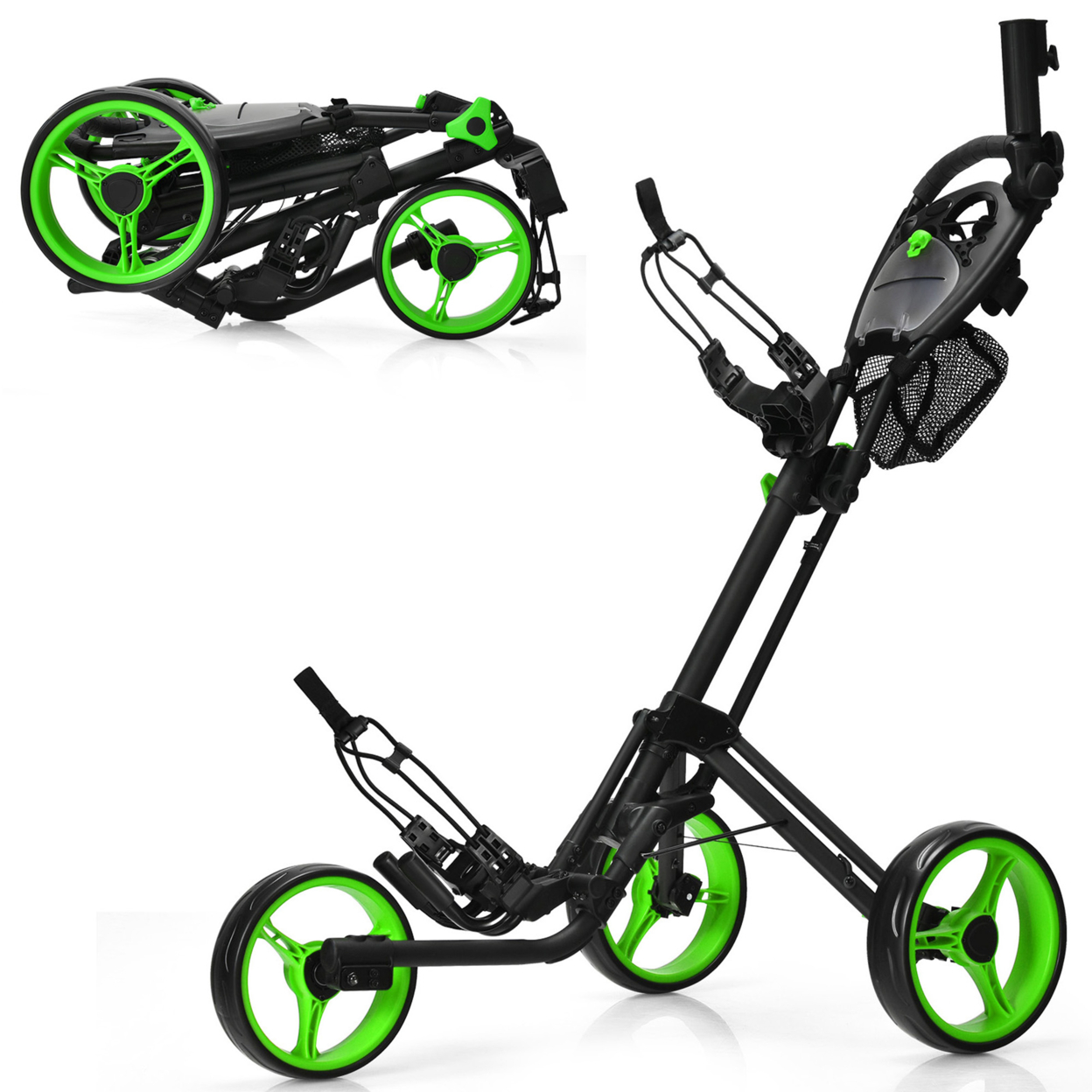 3 Wheels Foldable Golf Push Pull Cart Trolley W/ Mesh Bag Foot Brake - Green