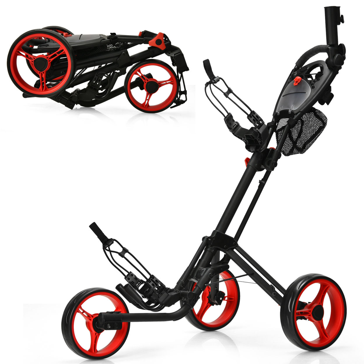 3 Wheels Foldable Golf Push Pull Cart Trolley W/ Mesh Bag Foot Brake - Red