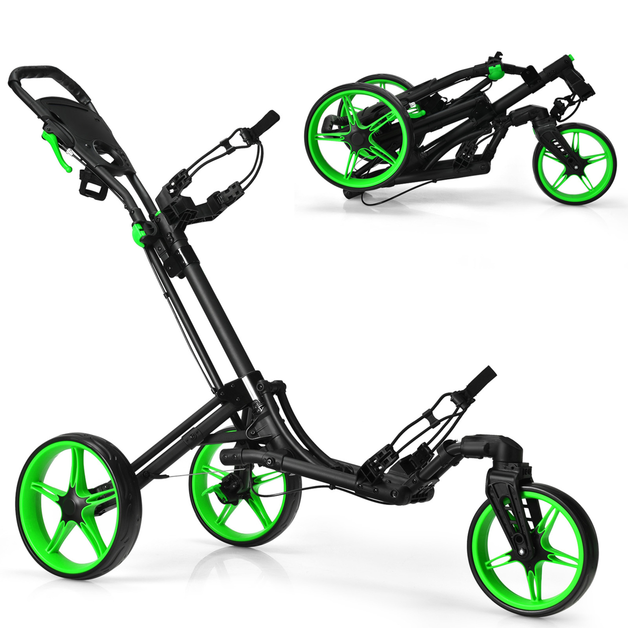 3 Wheels Foldable Golf Push Pull Cart Trolley W/ Adjustable Handle Brake - Blue