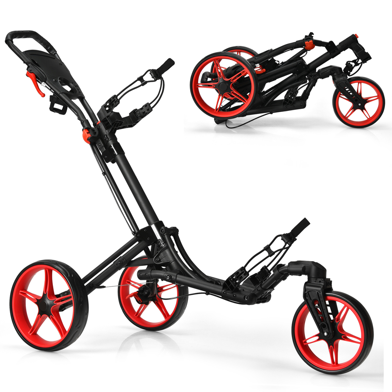 3 Wheels Foldable Golf Push Pull Cart Trolley W/ Adjustable Handle Brake - Red