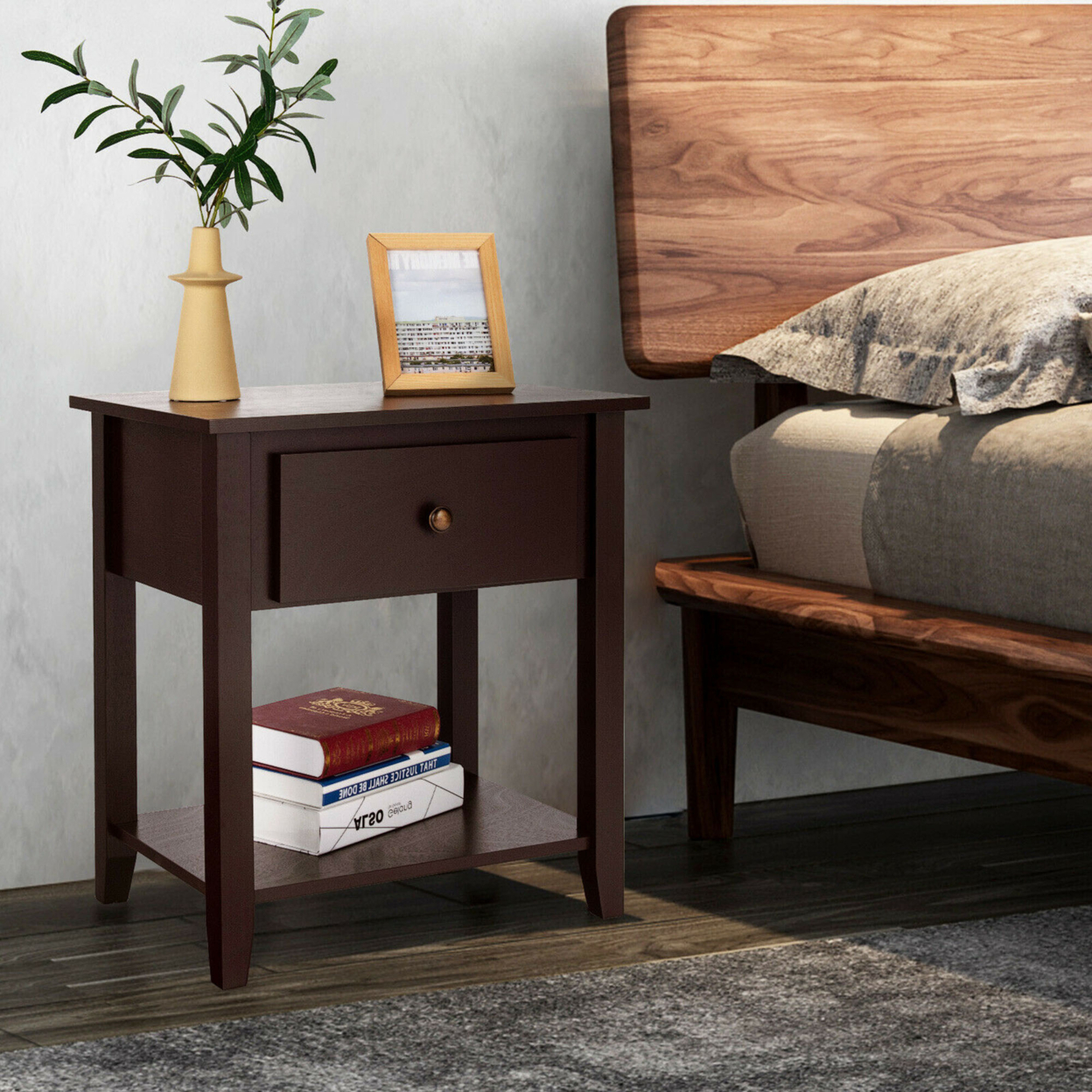 2PCS Nightstand Sofa End Side Table W/ Storage Drawer Bottom Shelf Espresso