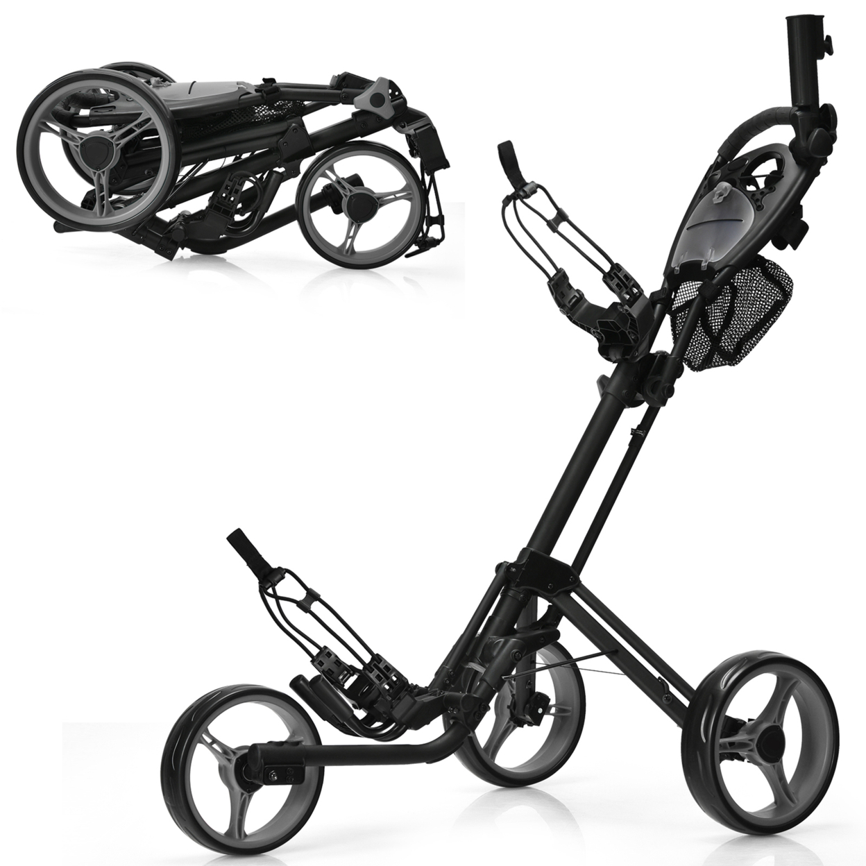 3 Wheels Foldable Golf Push Pull Cart Trolley W/ Mesh Bag Foot Brake - Grey