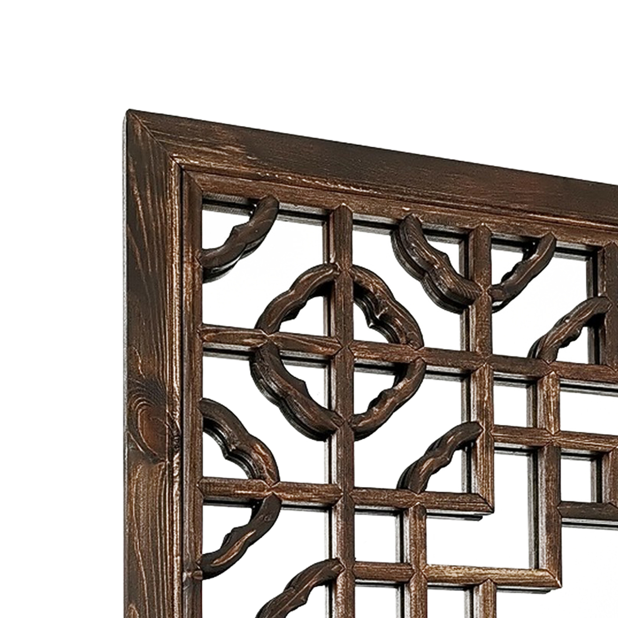 Mirror With Square Wooden Frame And Quatrefoil Motif Front, Brown- Saltoro Sherpi