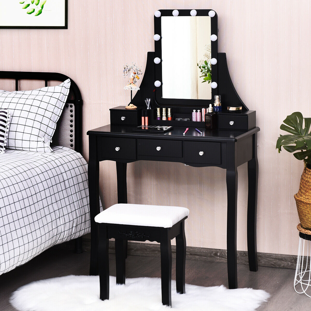 Vanity Dressing Table Set W/Removable Box &10 Dimmable Bulbs Touch Switch White/Brown/Black - Black