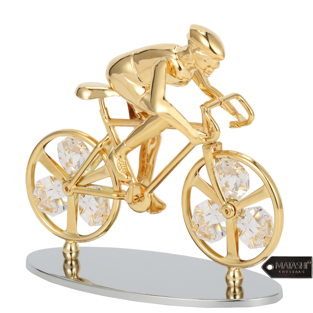 Matashi 24K Gold Plated Cyclist On A Bicycle Figurine W/ Crystals, Tabletop Cyclist Ornament Gift For Sports Fan Desk Accessories Trophy