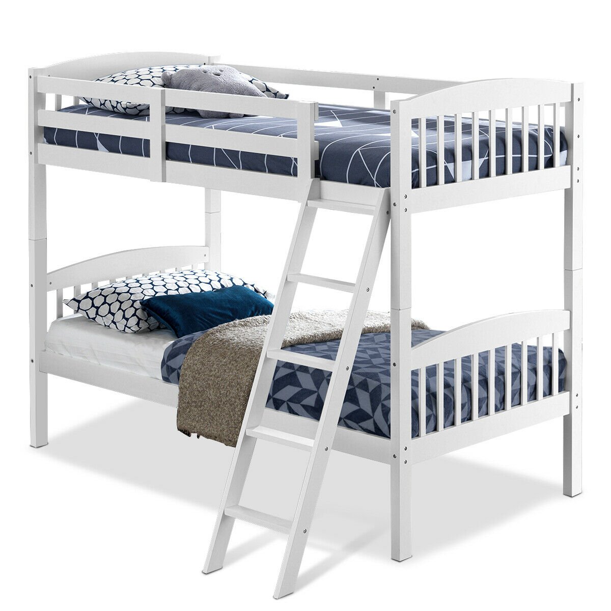 Wood Hardwood Twin Bunk Beds Convertible Into 2 Individual Kid Bed Ladder White