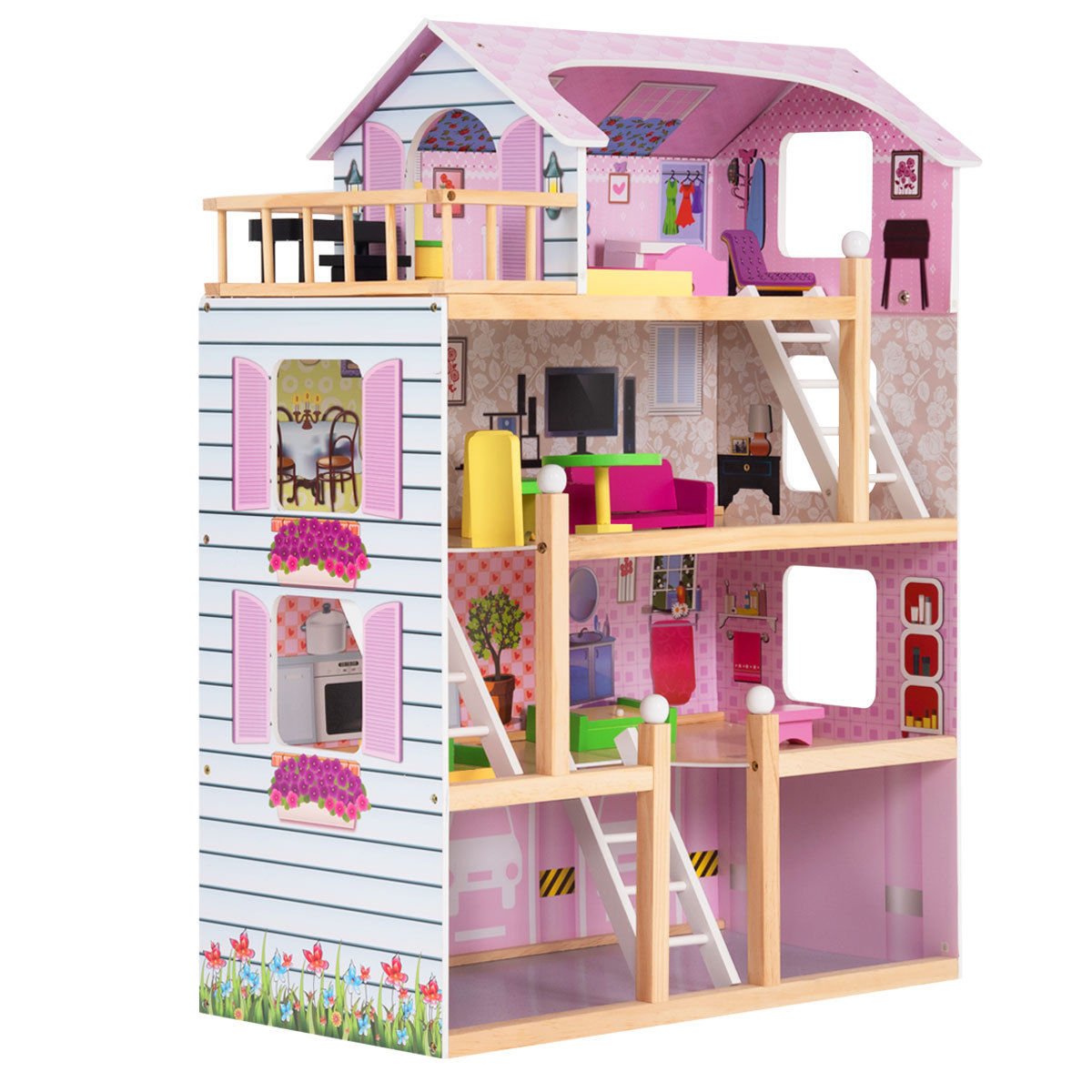 Kids Wood House Playset Doll Cottage Dollhouse W/ Furniture Children Gift Toy