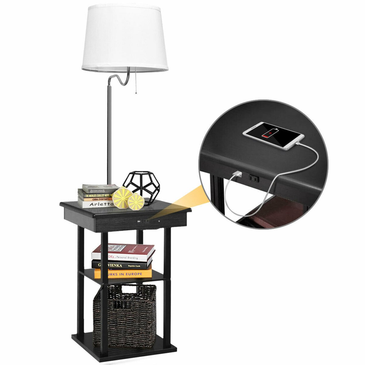 Floor Lamp End Table Modern Bedside Nightstand Desk W/ USB Charging Ports Shelves