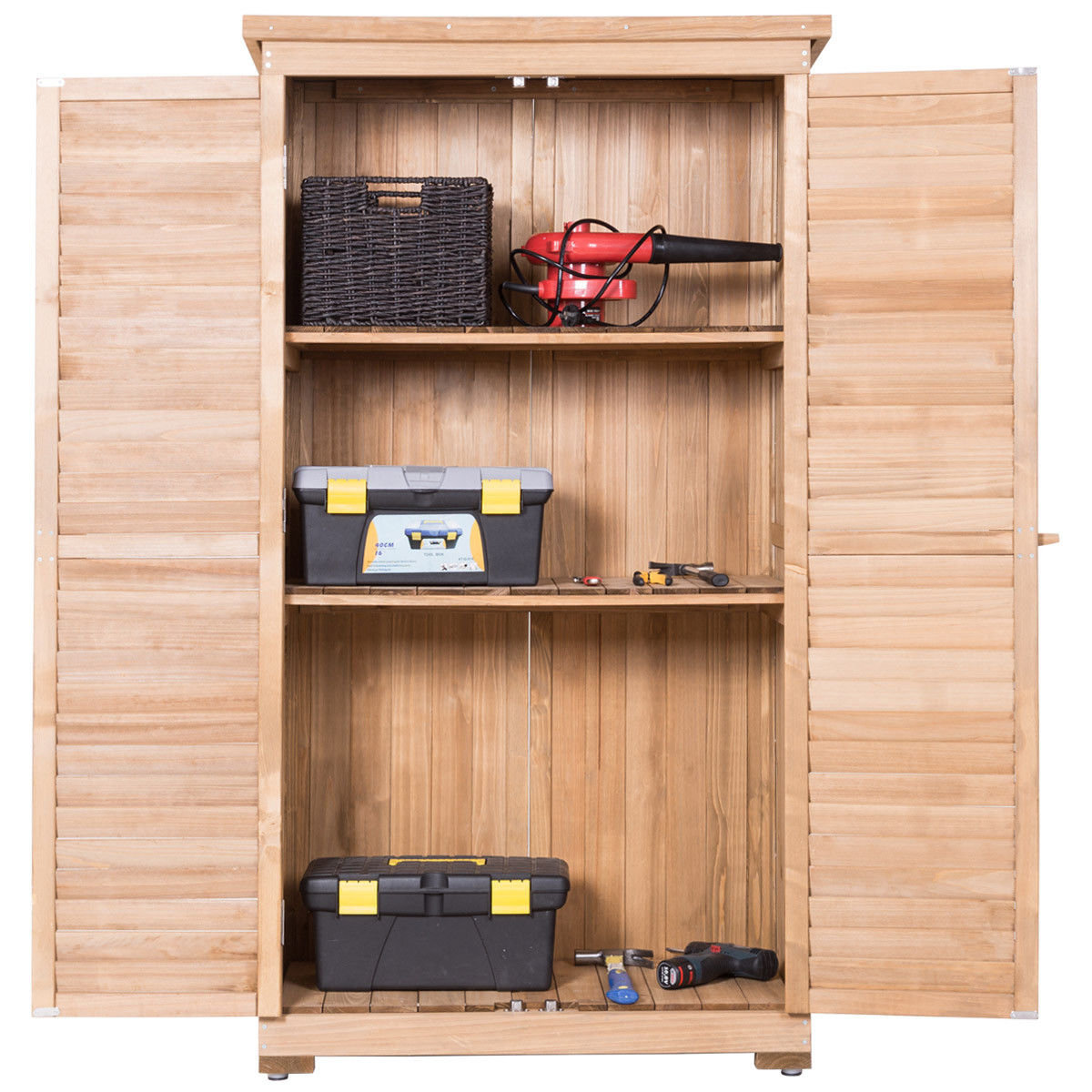 Outdoor 63'' Tall Wooden Garden Storage Shed Fir Wood Shutter Design Lockers