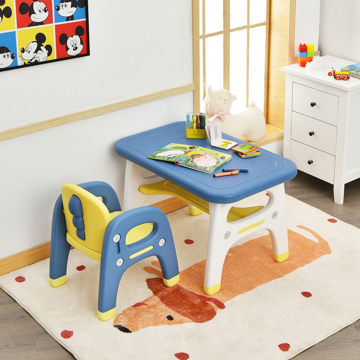 Kids Dinosaur Table And Chair Set Activity Study Desk W/ Building Blocks