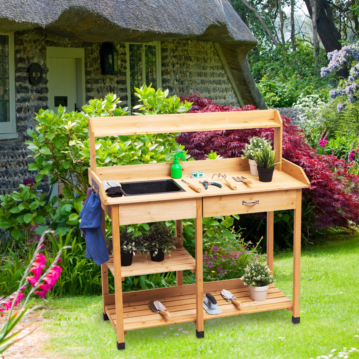 Outdoor Garden Potting Bench Lawn Patio Table Storage Shelf Work Station
