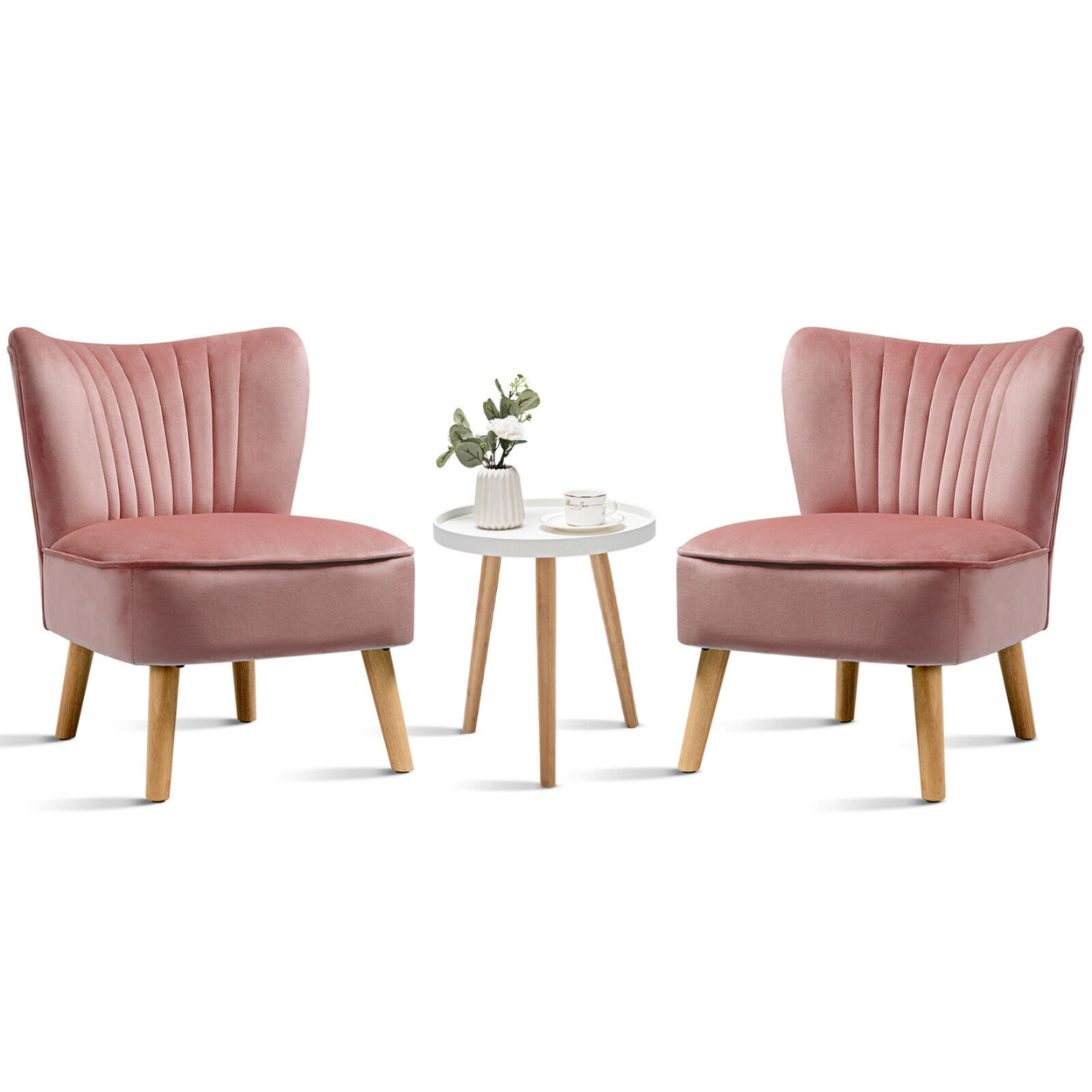 3pcs Accent Chair & End Table Set 2pcs Armless Velvet Sofa & Round Table
