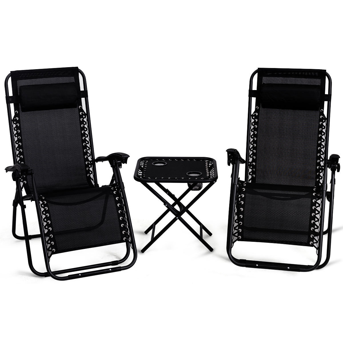 3PC Zero Gravity Reclining Lounge Chairs Table Pillows Folding Portable Black
