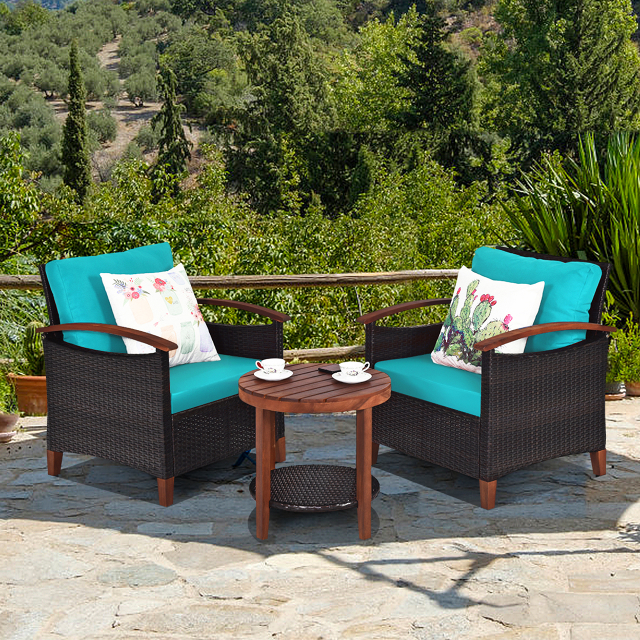 3PCS Patio Wicker Rattan Conversation Set Outdoor Furniture Set W/ Turquoise Cushion