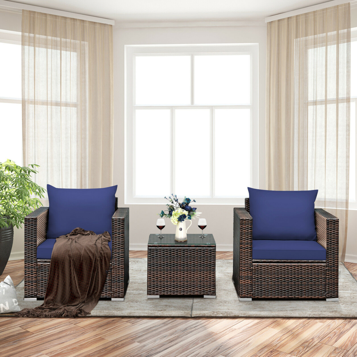 3PCS Rattan Patio Outdoor Conversation Furniture Set W/ Navy Cushions