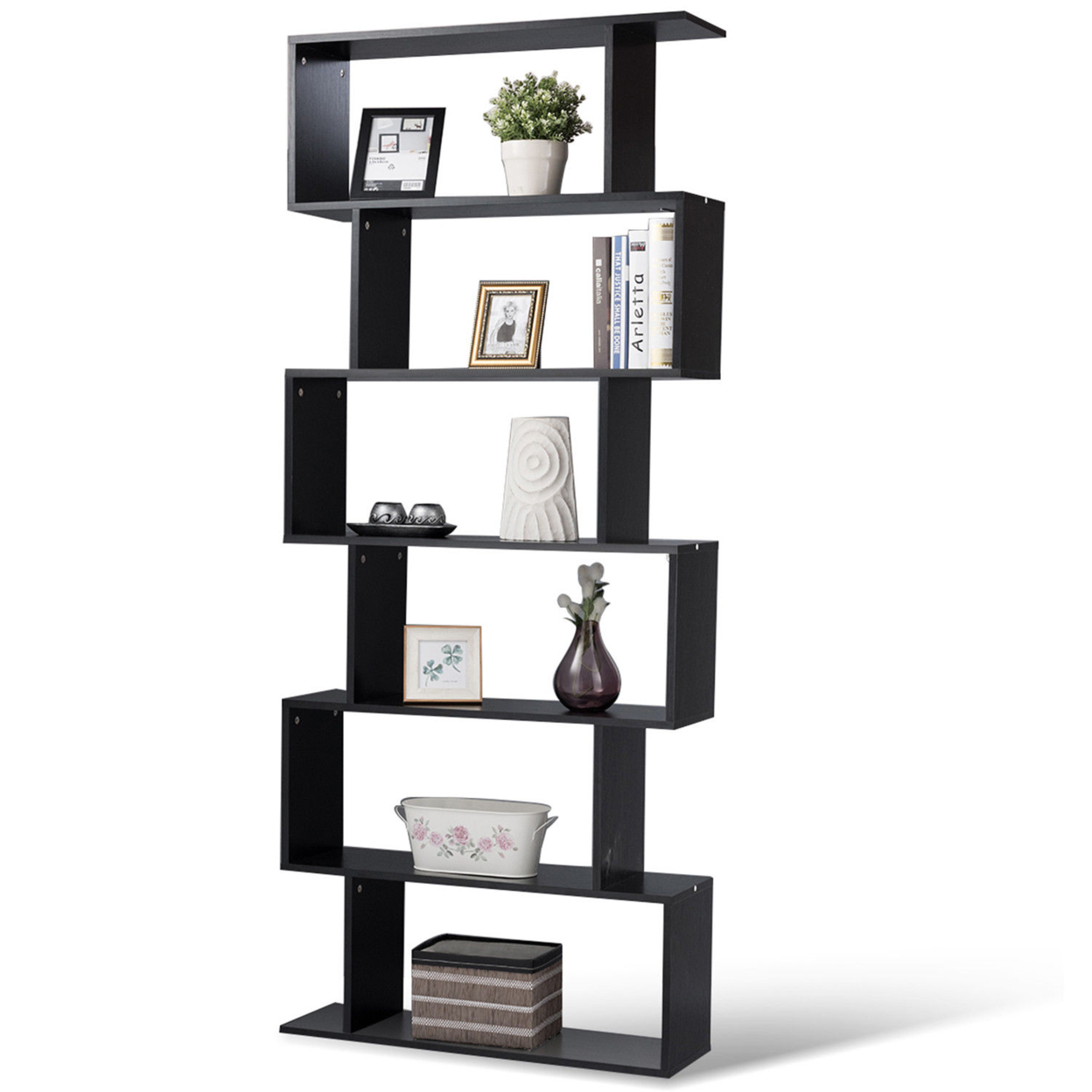 6 Tier S-Shaped Bookcase Z-Shelf Style Storage Display Modern Bookshelf Black