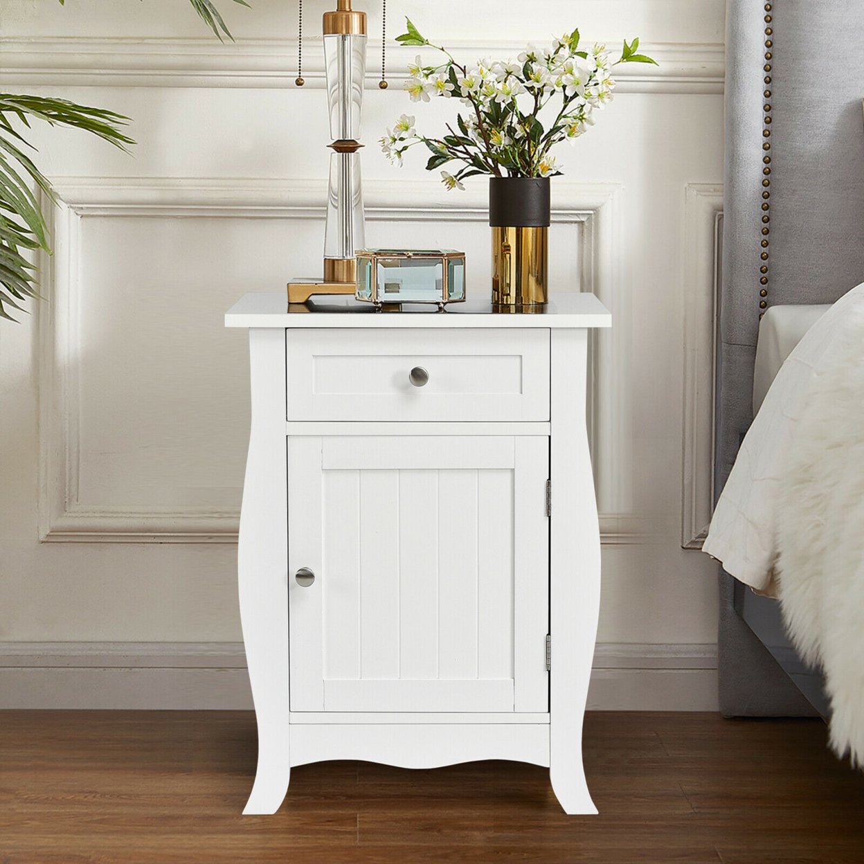 2PCS Accent End Table With Drawer Storage Cabinet Nightstand White