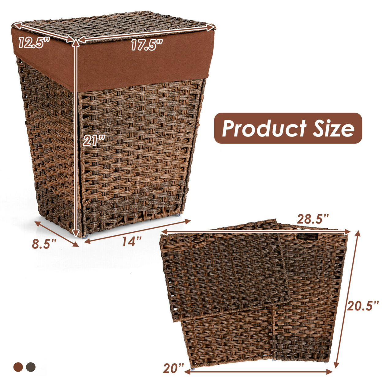 Handwoven Laundry Hamper Foldable W/Removable Liner, Lid & Handles - Brown