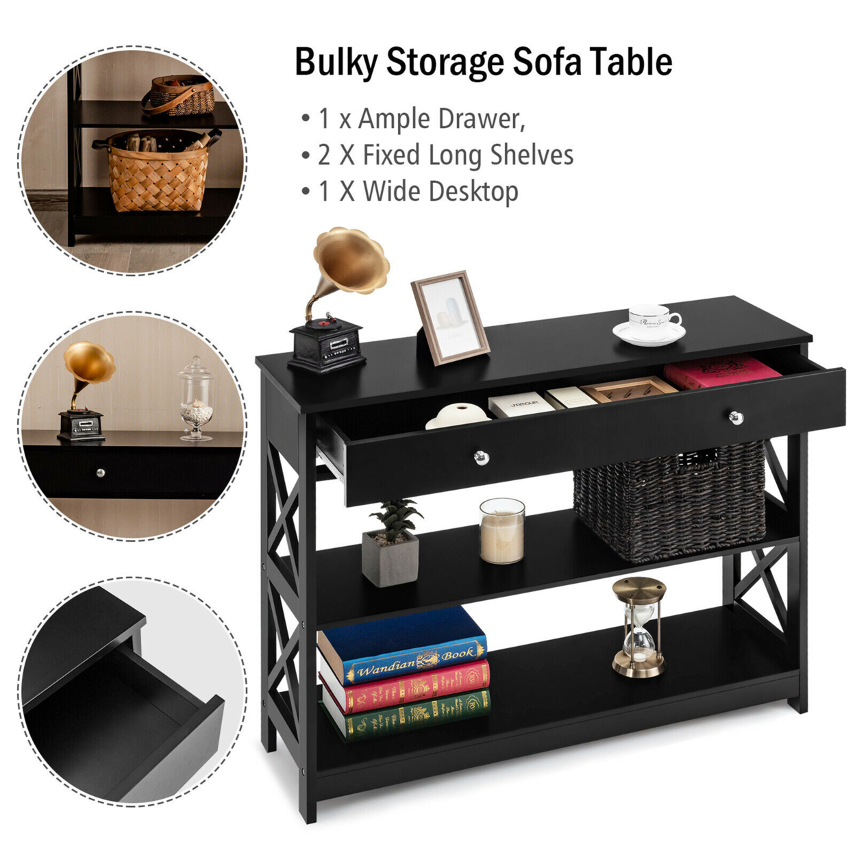 Console Table Drawer Shelves Sofa Accent Table Entryway Hallway Black/White - Black
