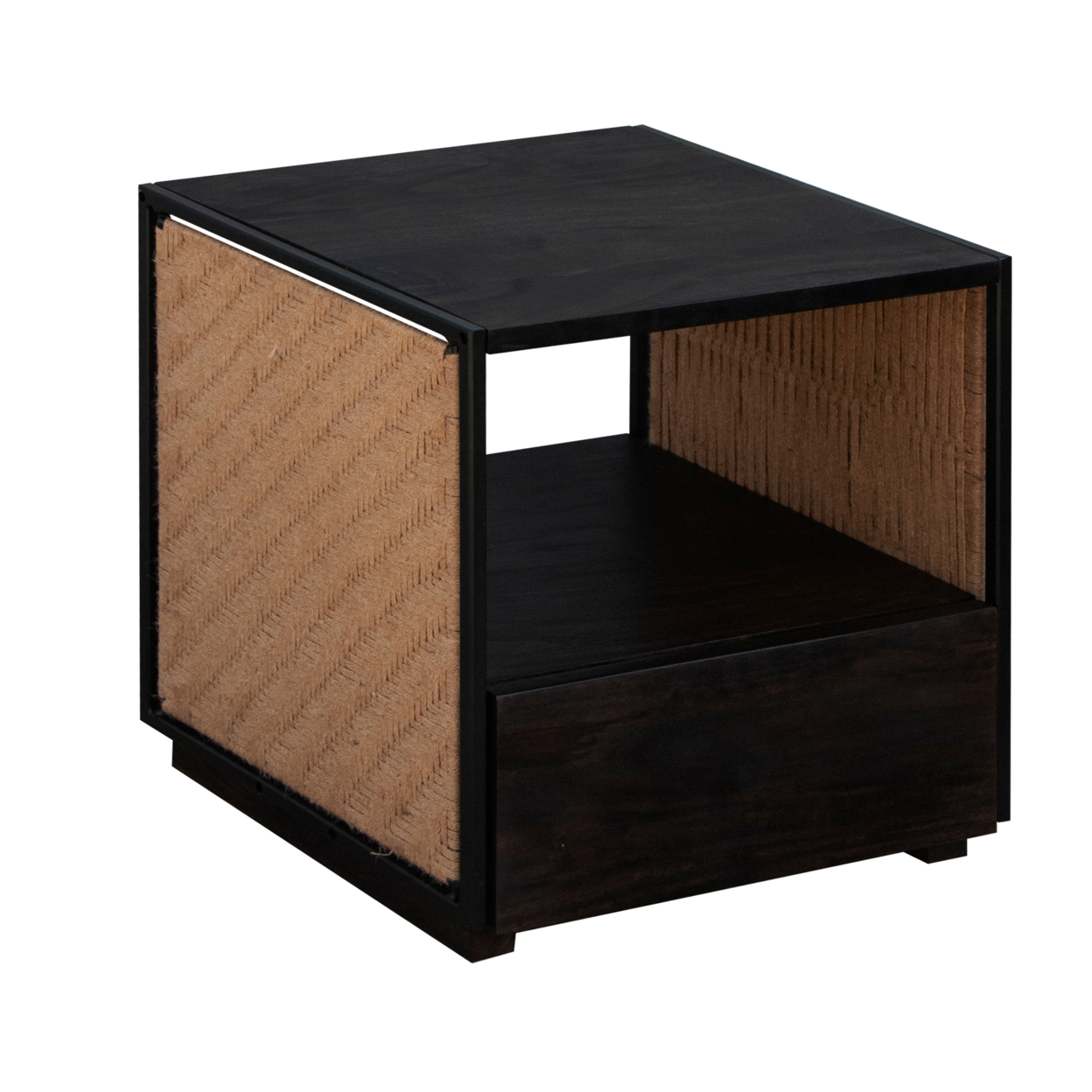 21 Inch Handcrafted Acacia Wood Side Table Nightstand, Woven Jute Side Panels, Brown, Black- Saltoro Sherpi