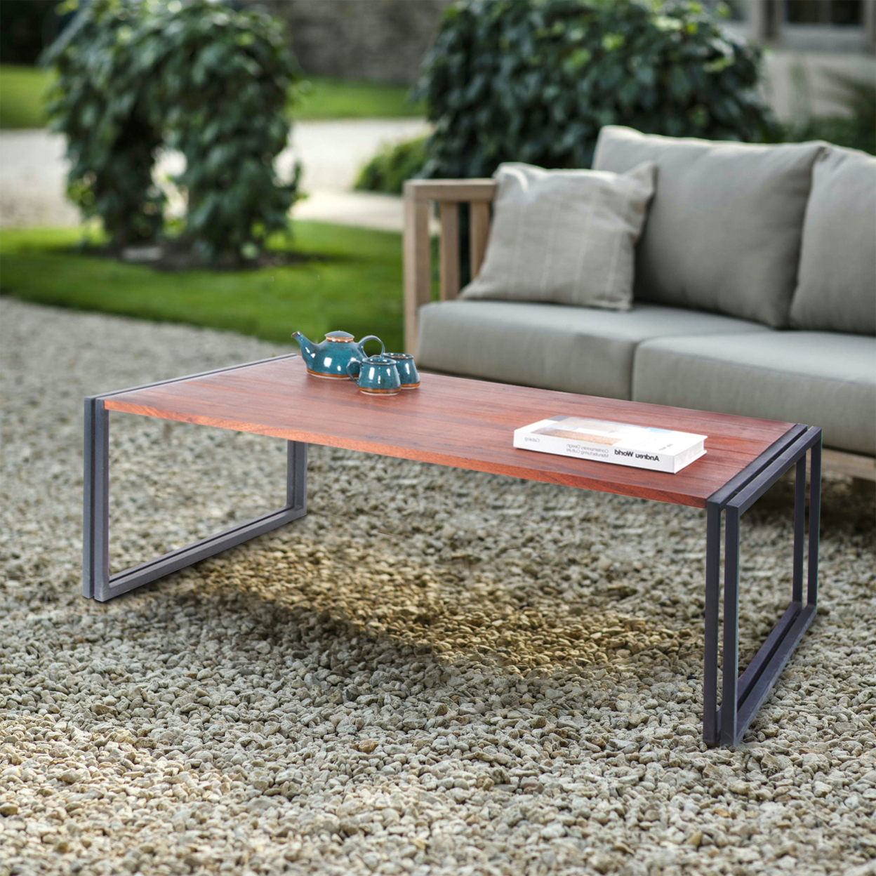 48 Inch Wooden Coffee Table With Double Metal Sled Base, Brown And Black- Saltoro Sherpi