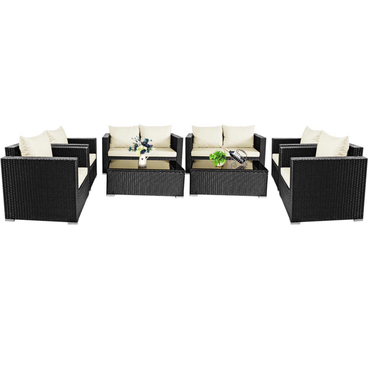 8PCS Rattan Patio Conversation Set Outdoor Furniture Set W/ Cushions - Off White