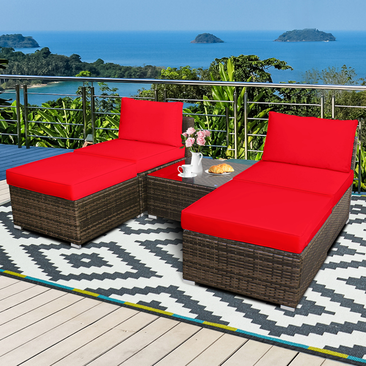 5PCS Outdoor Patio Furniture Set W/ Coffee Table Ottoman Red Cushion