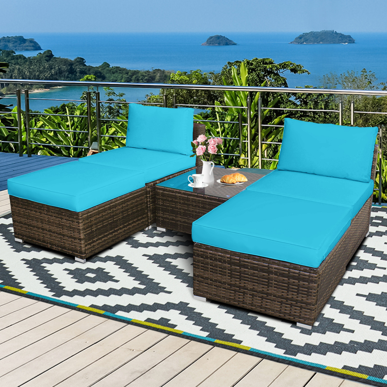5PCS Outdoor Patio Furniture Set W/ Coffee Table Ottoman Turquoise Cushion