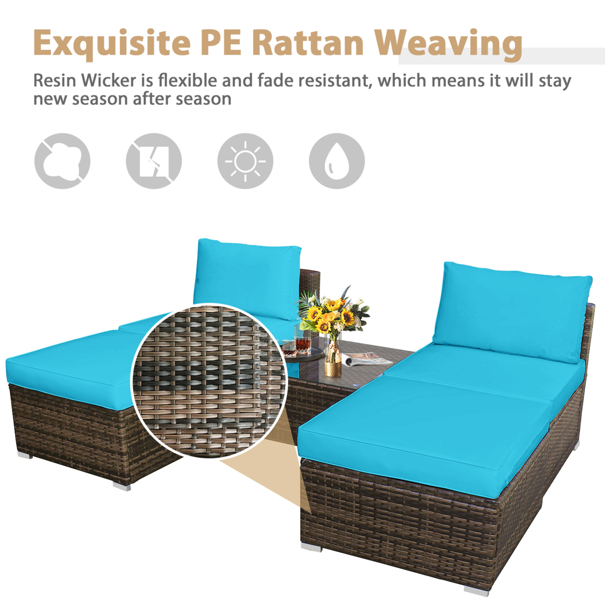 5PCS Outdoor Patio Furniture Set W/ Coffee Table Ottoman Turquoise Cushion