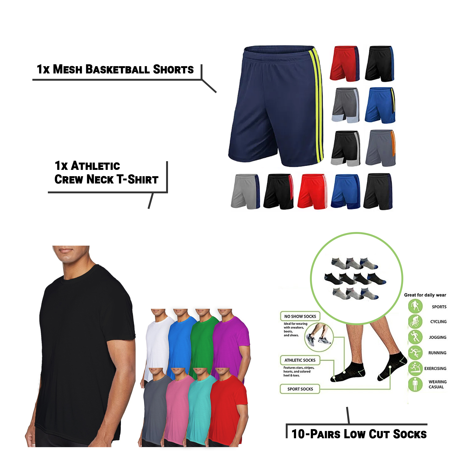 12-Piece Athletic Essentials Set: Laviva Crew-Neck T-Shirt, Mesh Moisture-Wicking Shorts, Active Low-Cut Socks - Small