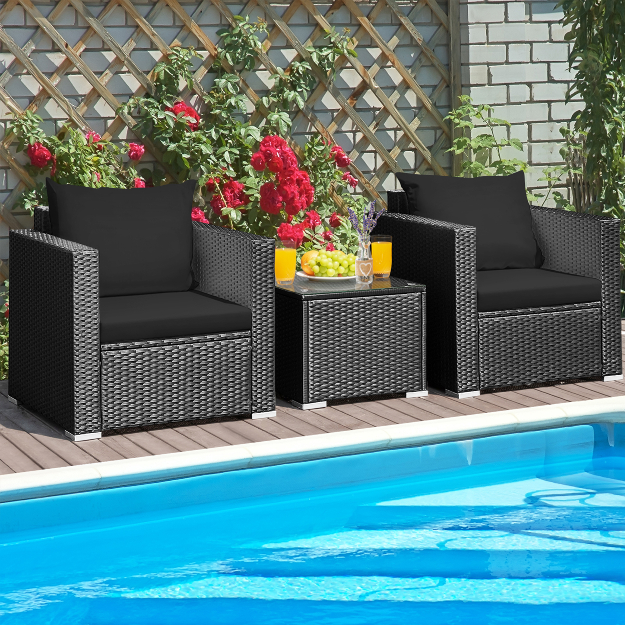 3PCS Rattan Patio Conversation Furniture Set Outdoor W/ Black Cushions