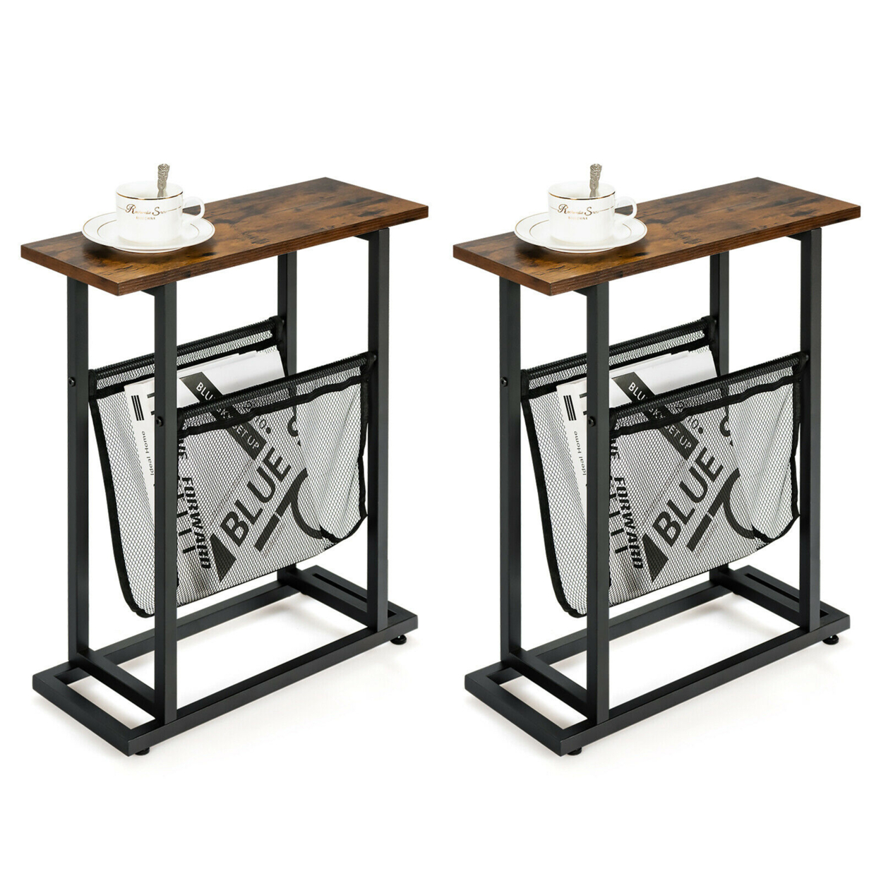 2PCS Industrial End Side Table Nightstand With Mesh Holder Rustic Brown
